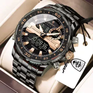 POEDAGAR E122 Luxury LED Men’s Watch Dual Time Digital Display Waterproof Date Male Electronic Stainless Steel Watch