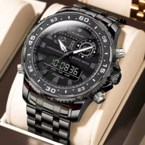 POEDAGAR E122 Luxury LED Men’s Watch Dual Time Digital Display Waterproof Date Male Electronic Stainless Steel Watch