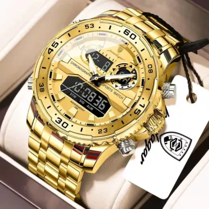 POEDAGAR E122 Luxury LED Men’s Watch Dual Time Digital Display Waterproof Date Male Electronic Stainless Steel Watch