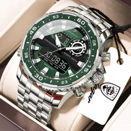 POEDAGAR E122 Luxury LED Men’s Watch Dual Time Digital Display Waterproof Date Male Electronic Stainless Steel Watch
